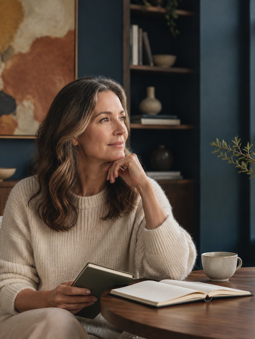 Woman reading a journal at home with a cup of tea