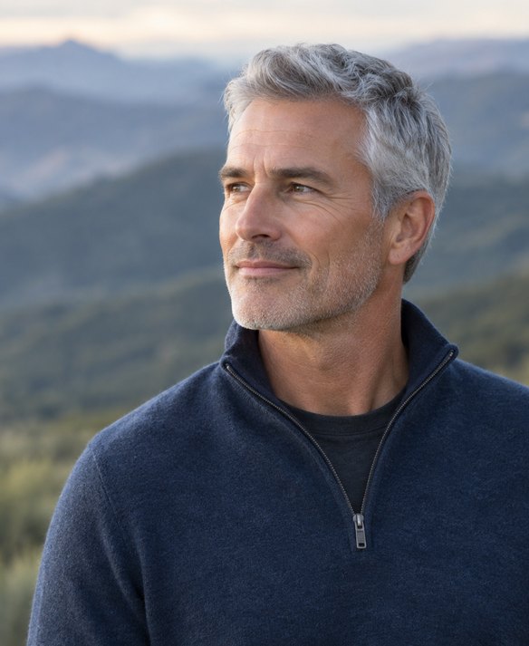Man in a navy sweater outdoors